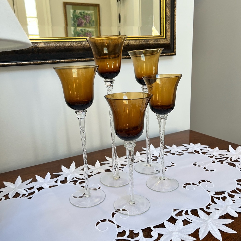 Vintage Amber Glass Set of Votive Holders with Clear Stems